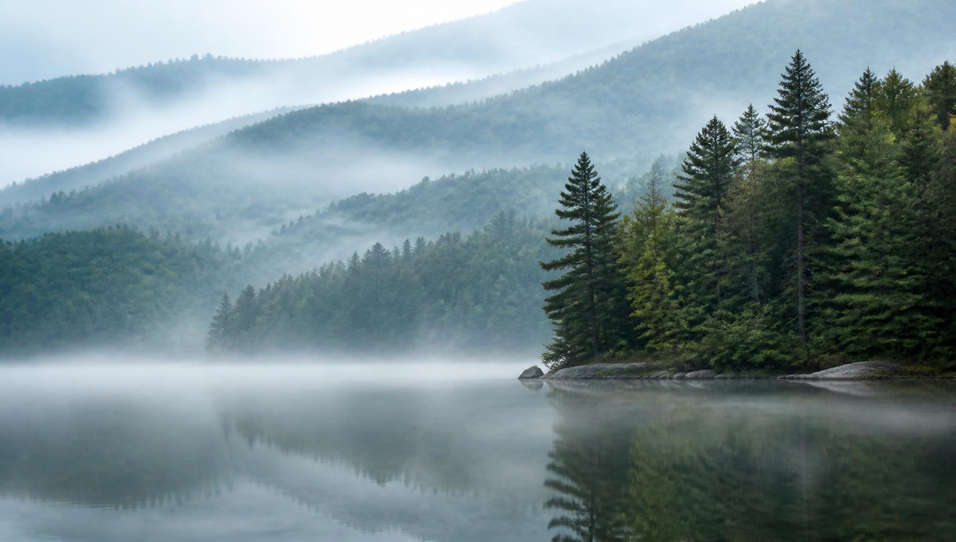 Mist rising off a forested lake in the Pocono Mountains at dawn